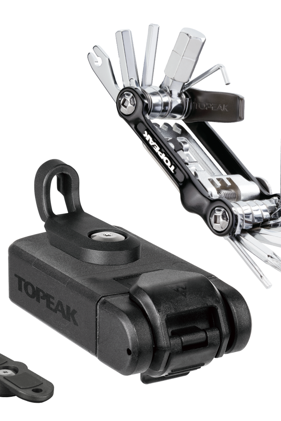 Topeak Ninja Einzelteile Das Topeak Multitool und die Hülle einzeln abgebildet.